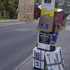 the guy wearing boxes was a little freaked out when a terminator showed up to take him up on it