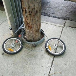 someone is keeping their pair of unicycles safe