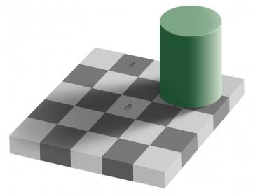 An optical illusion. The square A is exactly the same shade of grey as square B