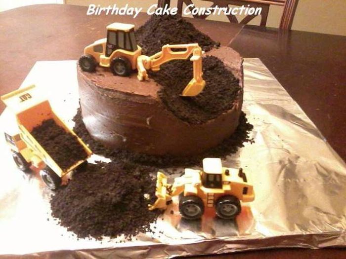 typical construction workers sitting around eating chocolate cake